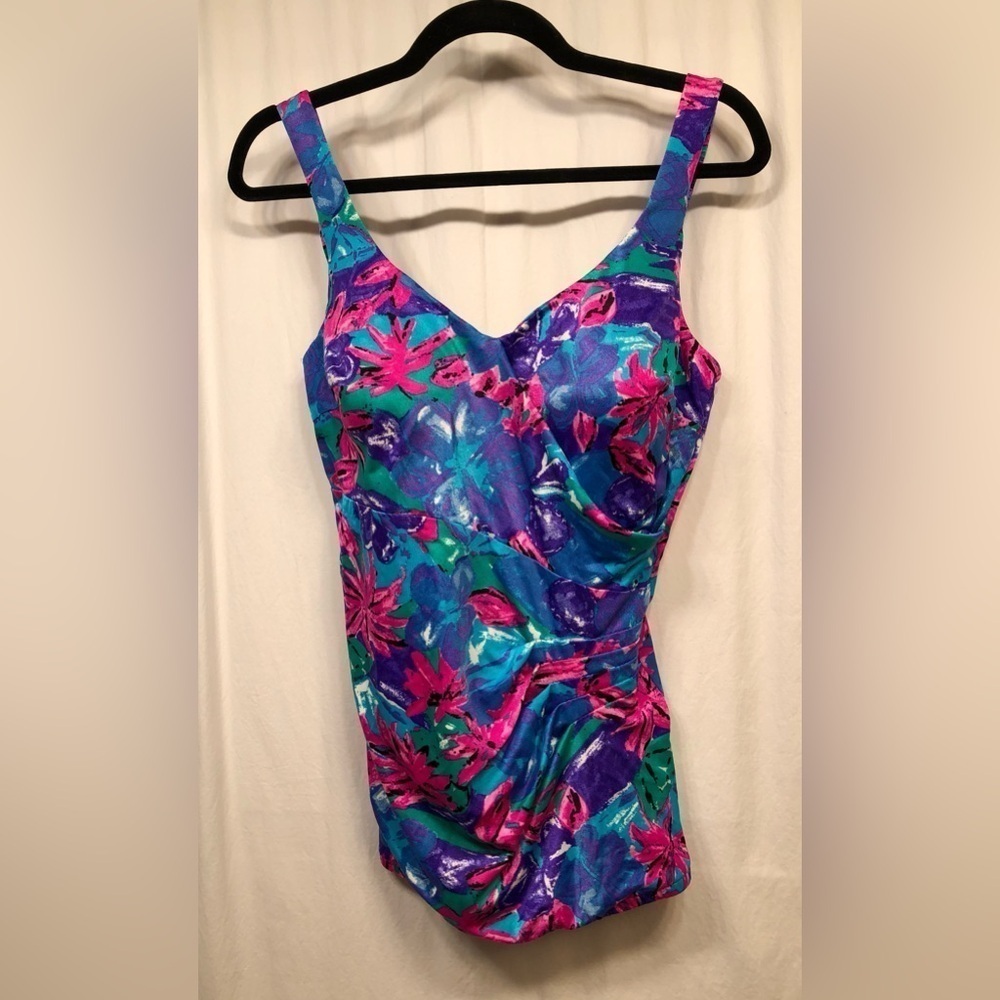 Vintage Maxine of Hollywood One Piece Swimsuit Pink Blue Purple Green Floral 18